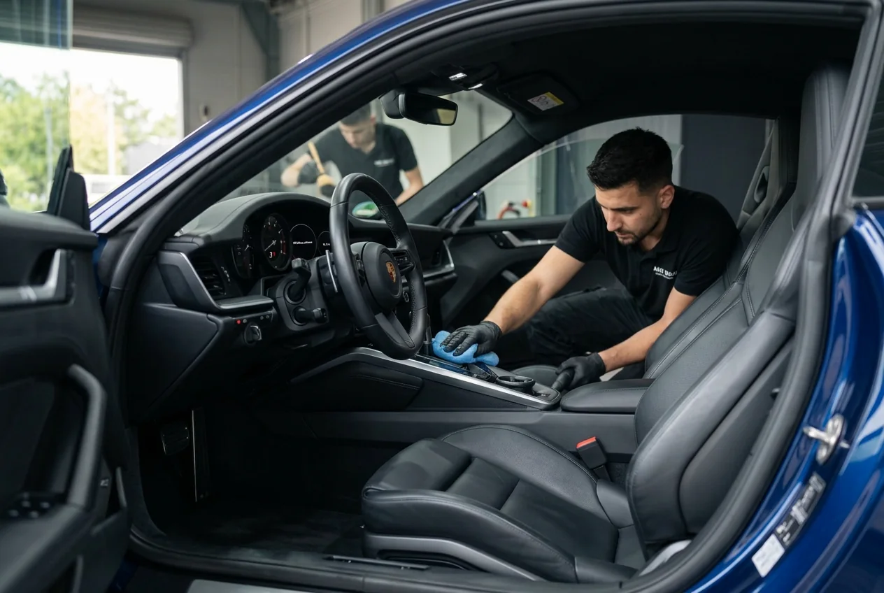 Mittelkonsole eines Porsche 911 wird gereinigt